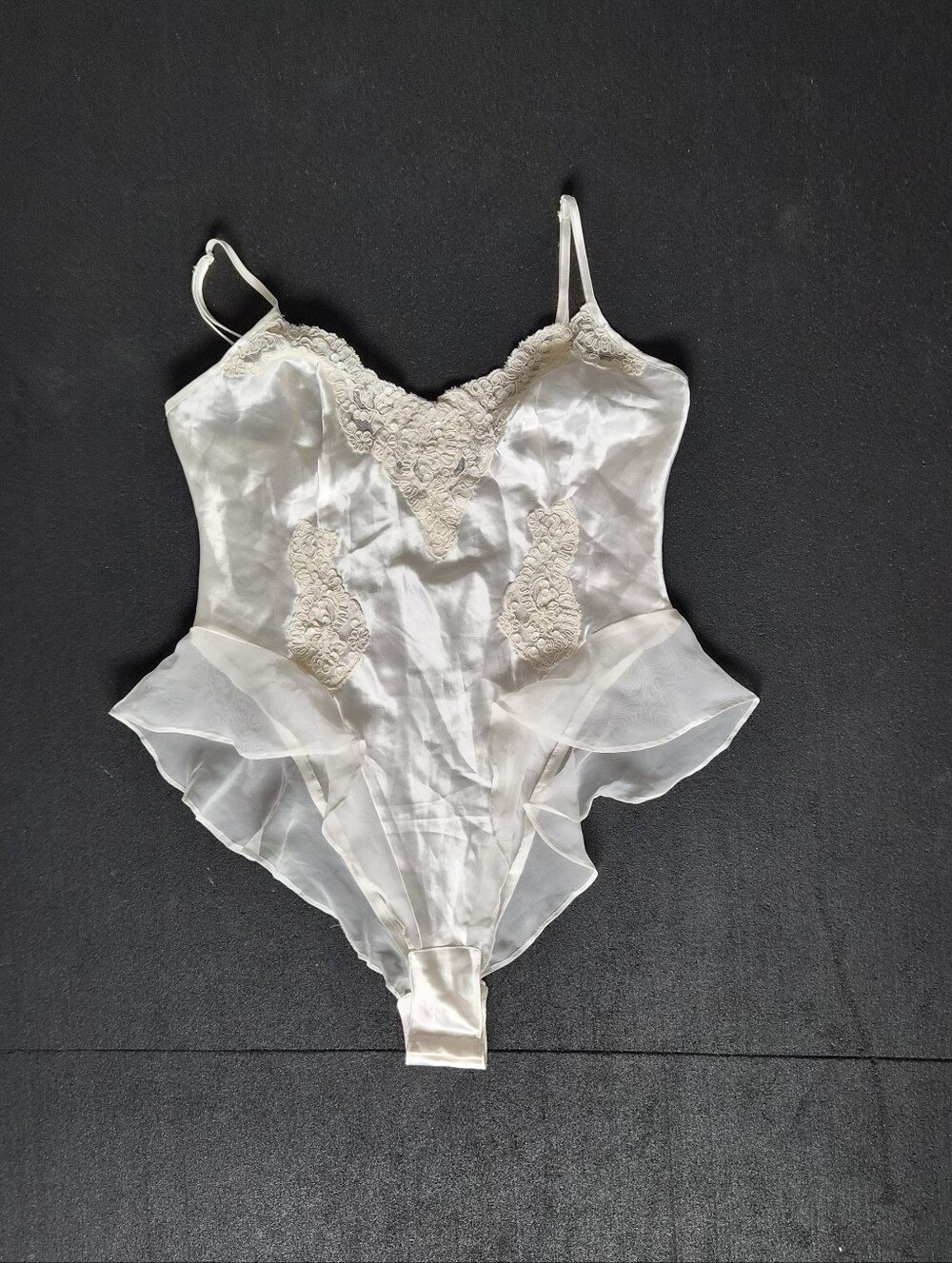 Vintage 90s Sheer Ivory Lace-Trim High Cut  Bodysuit